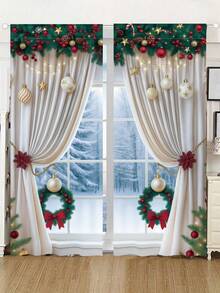 2pcs Christmas Decorative Curtains, Xmas Wreath Ball Pine Branches Design Long Curtains, Red White And Green Polyester Panels Doorway Curtains Decoration For Living Room, Bedroom, Kitchen And Bathroom,Machine Washable, Merry Christmas Party Background Decoration, Xmas Party Gifts,Christmas Decoration,Xmas Decor,Photography Props,Christmas Atmosphere Decoration Ornaments, Party Favors - Multicolor - View 1