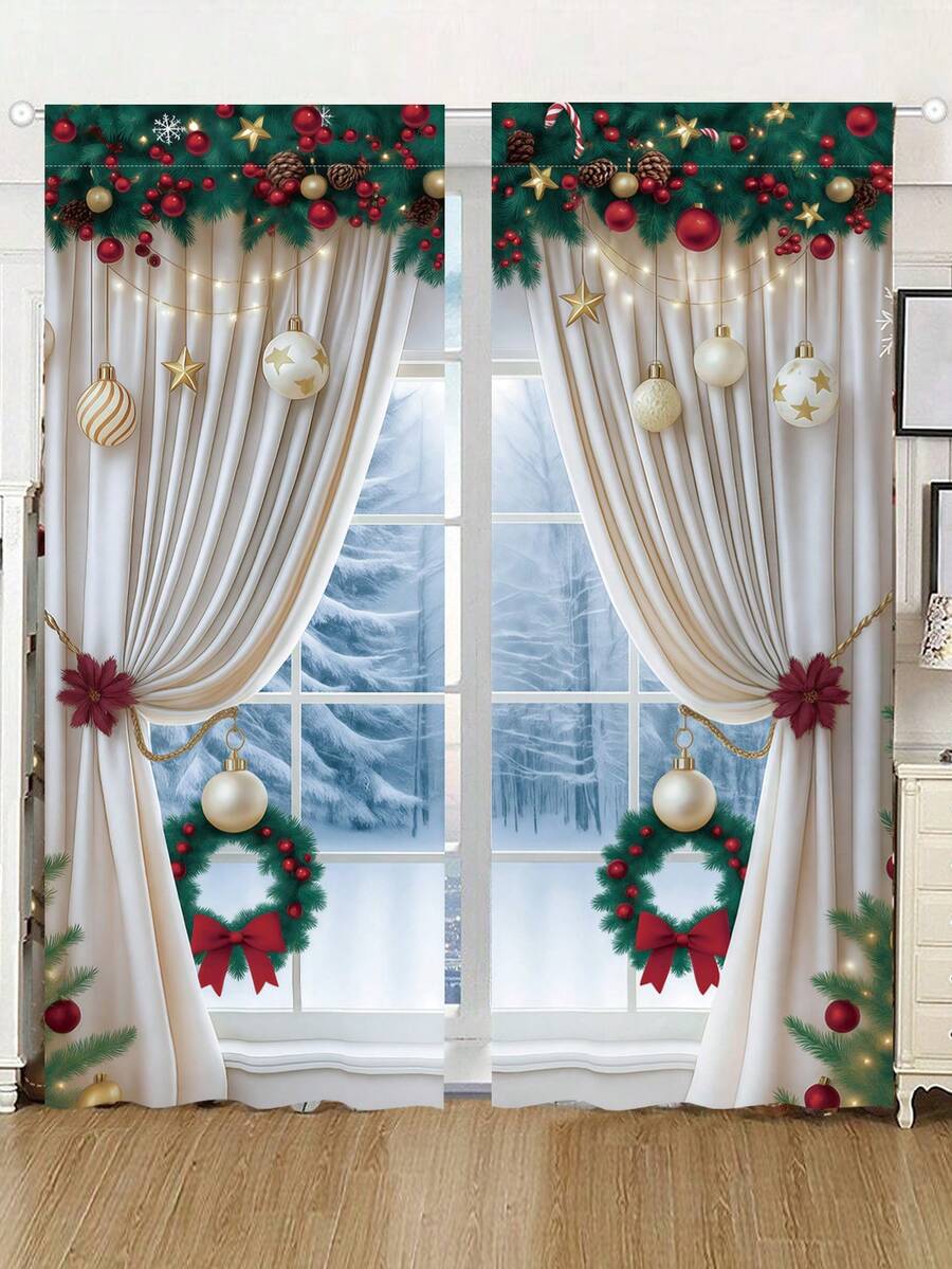 2pcs Christmas Decorative Curtains, Xmas Wreath Ball Pine Branches Design Long Curtains, Red White And Green Polyester Panels Doorway Curtains Decoration For Living Room, Bedroom, Kitchen And Bathroom,Machine Washable, Merry Christmas Party Background Decoration, Xmas Party Gifts,Christmas Decoration,Xmas Decor,Photography Props,Christmas Atmosphere Decoration Ornaments, Party Favors - Multicolor - View 1