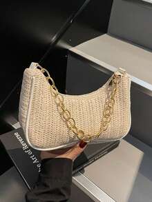 时尚纯色编织新月形女士手提包，配有金属链条肩带，可用作手提包、单肩包、托特包、沙滩包、休闲编织包和手机包，夏季必备，适合度假和假日，沙滩包，适合夏季、度假和日常使用，旅行必备。 - 米色 - 查看 7