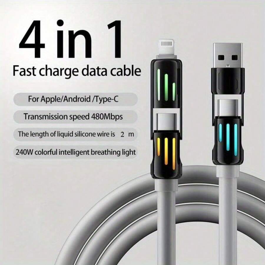 240W 4-In-1 USB C Cable, PD 5A Multi Fast Charging Cable With Breathing Light, Braided PVC & Zinc Alloy USB-A To Dual Type-C Data Cord, Versatile Connectivity | Stylish Breathing Light | Zinc Alloy Shell Compatible With IPhone, Android, Camera, MP3 Universal Adapter Charger Nan MFi Certified - Gray-2M - View 1