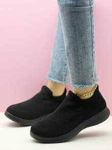 Women's All Black Sock Shoes, Shock Absorbing Sports Casual Knitted Shoes, Slip-On Dance Shoes, Nurse Shoes - Black - View 1