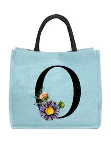 Sunflower & Daisy, Letter A-Z Print Blue Linen Tote Bag, Perfect Holiday Gift, Multifunctional Portable Handbag/Shoulder Bag, Fashion Minimalist Linen Bag, Large Capacity Storage Bag, Gift For Women, Teacher's Day Gift, Cosmetic Bag - Blue - View 17