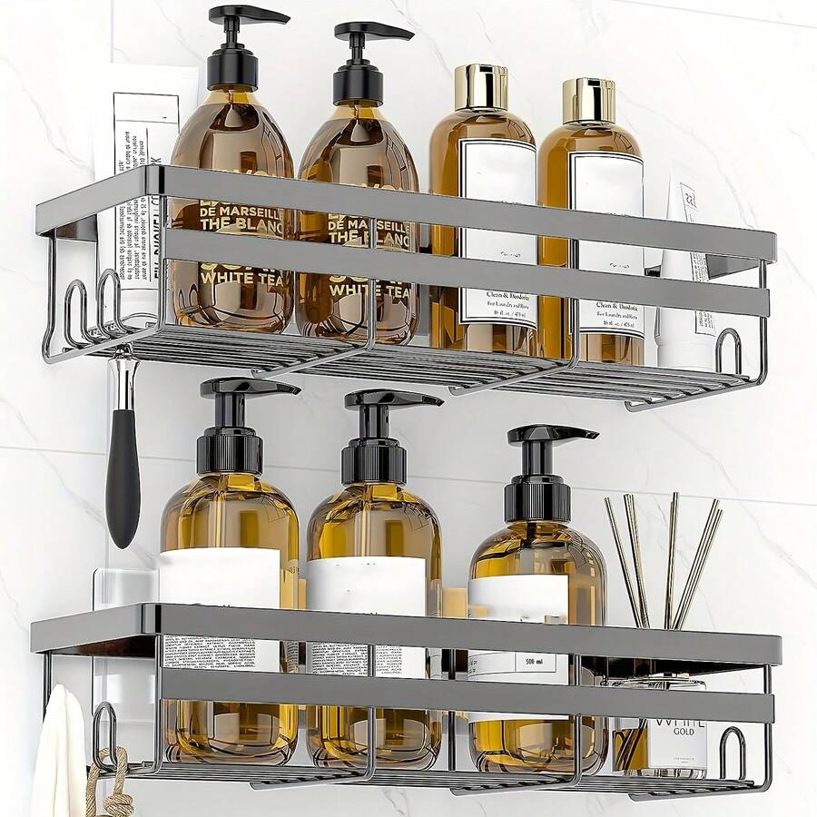 Shower Caddies 2 Pack - Adhesive Hanging Shower Shelf - Bathroom Organizers And Storage, No Drilling Stainless Shower Shelves For Home Decor, Bathroom Accessories - 灰色 - 查看 1