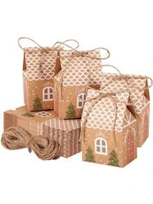 1-12PCS New Candy Box Christmas Kraft Paper Box (With Rope) Kraft Paper Packaging Box, Brown Gift Box, Multi-Purpose, Easy To Carry, Foldable And Propped For Use, Cartoon Family Party Gift Bag, Christmas Cookie Decoration, House-Shaped Candy Box, Suitable For Weddings, Christmas, Halloween, Parties, Bride's Gift Party, - Multicolor - View 2