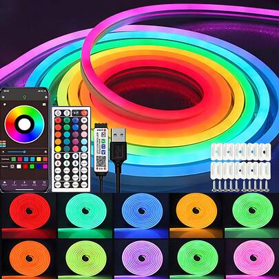 1条1米/2米/3米/4米/5米霓虹RGB LED霓虹灯带 - USB供电，多色柔性霓虹灯条，鲜艳的霓虹效果，适用于卧室、游戏和户外装饰的霓虹派对灯，室内外照明