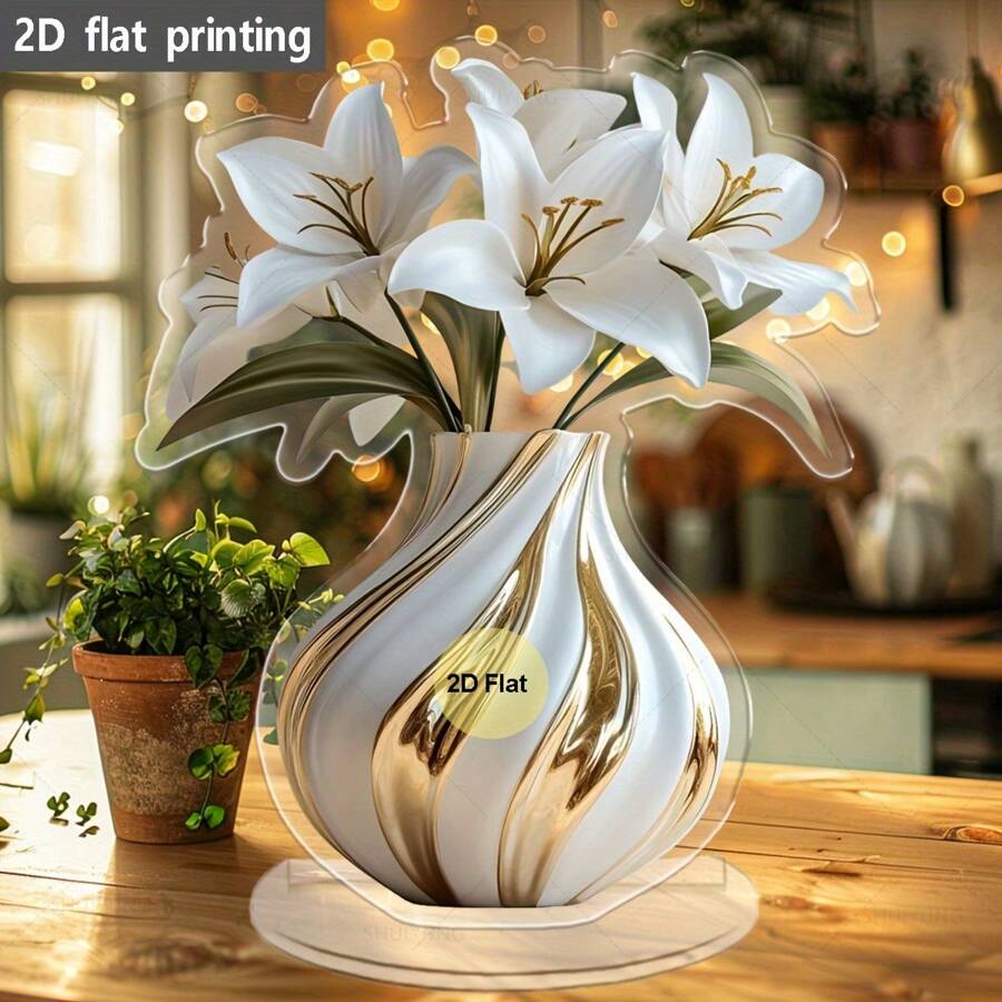 1/3/6 Pieces 2D Flat Printed Acrylic Elegant Lily Vase Decoration With White Lily And Gold Accents Classic Tabletop Decoration For Home, Office, Holiday Party Flower Vase Home Decor Wedding Table Centerpiece, Exquisite Design, Transparent Ornament, Party Centerpiece, Halloween Thanksgiving Christmas Autumn Interior Design Special Crafts