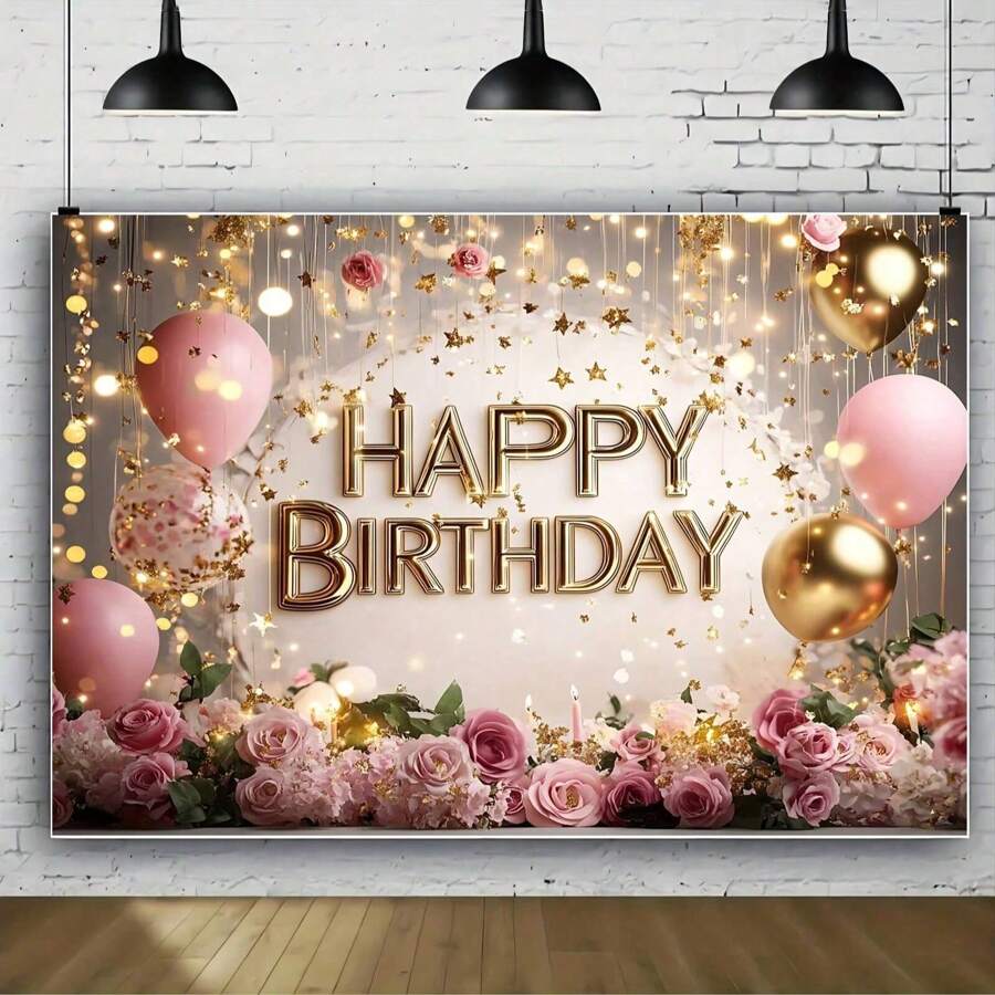 Fundal de pânză pentru petrecere de ziua de naștere - temă balon roz și tort auriu, banner multifuncțional din poliester pentru sărbători în familie