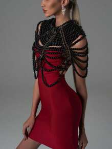 1Pc Just Gorgeous Party Wear Top Women's Heavy Faux Pearl Body Chain Handmade Beaded Top Vintage Style Elegant Gorgeous Multi-Layered Beaded Necklace Medieval Style Premium Sense Bridal Shawl - Black - View 12