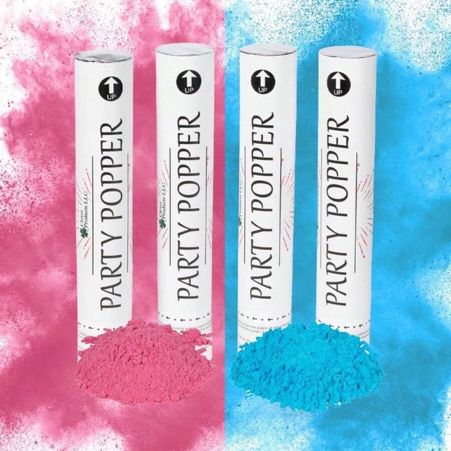 Clover Products Premium Gender Reveal Powder Cannon 4 Pack Includes 2 Pink 2 Blue 12 Inch Gender Reveal Poppers Compressed Air Powered Each Box Contains A FREE Its A Girl Boy Balloon.. - 2Hồng & 2Xanh (Chỉ có phấn) - Xem 1