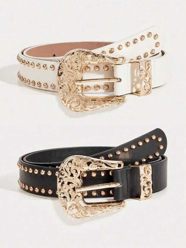 1pc Gold Studded Sexy Y2K Fashion PU Leather Belt, Hollow Out Cowgirl Style Buckle Belt For Women, Suitable For Daily Wear