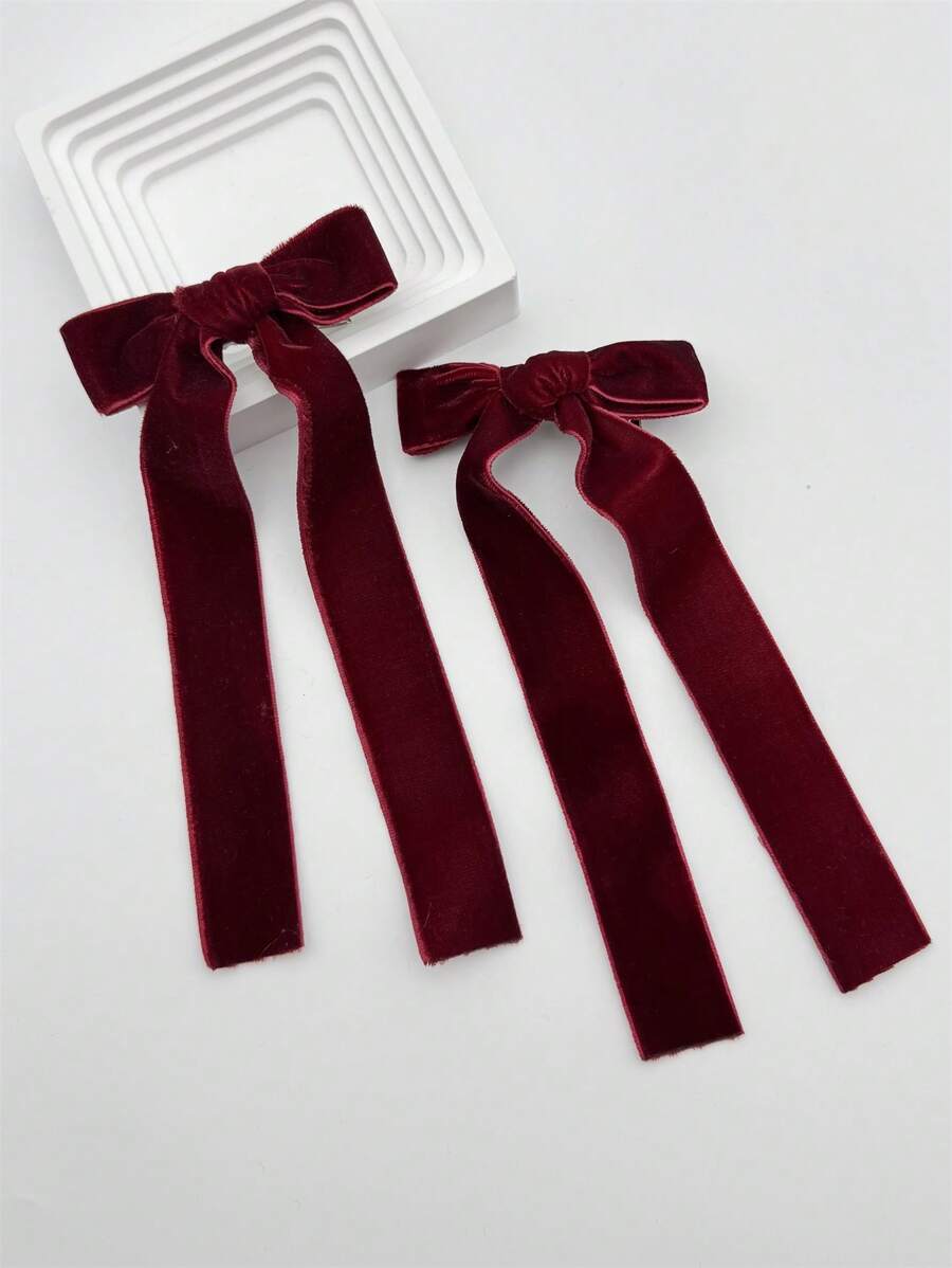2pcs Minimalist Wine Red Bow Hair Clips For Daily Use, Fall, Claw Clips, Hair Claws, Hair Slide, Hair Barrettes, Hair Accessories, Fall Fashion, Autumn, Winter Outfit For Women, Bows, Cute, Christmas Outfit For Women