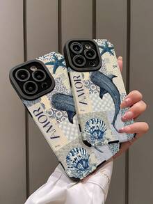 1pc Whale Shark Blue Patchwork Pattern Faux Leather Texture Classic Anti-Drop Soft Phone Case Compatible With Apple And 16/16PLUS/16PRO/16PROMAX Waterproof Shockproof Scratch Resistant