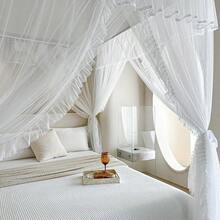 AIKASY 4 Corners Post Ruffle Princess Bed Canopy Curtain Double Layer Cozy Drape Netting With 4 Openings Elegant Mosquito Net For Girls And Adults Bedroom Decoration White Queen - 白色 - 查看 6