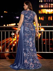 BluePlum Plus Size Women's Elegant High-Quality Colorful Embroidered Sequin Patchwork Form-Fitting Cap Sleeve Dignified Luxurious Cocktail Party Wedding - Dusty Blue - View 3