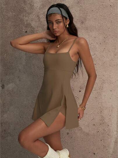 PinkTip 可转换式瑜伽连衣裙，内置压缩短裤，交叉背部支撑，UPF50+ 防晒，四向弹力吸湿排汗面料，适合夏季健身房和户外活动。