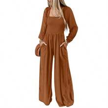 Monos informales holgados para mujer, de una pieza, de manga larga, con pierna ancha, pantalón largo y bolsillos - Café - Ver 1