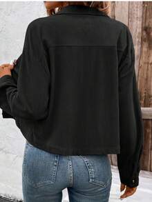 休闲口袋长袖灯芯绒短外套，秋冬黑色春季款 - 黑色 - 查看 3