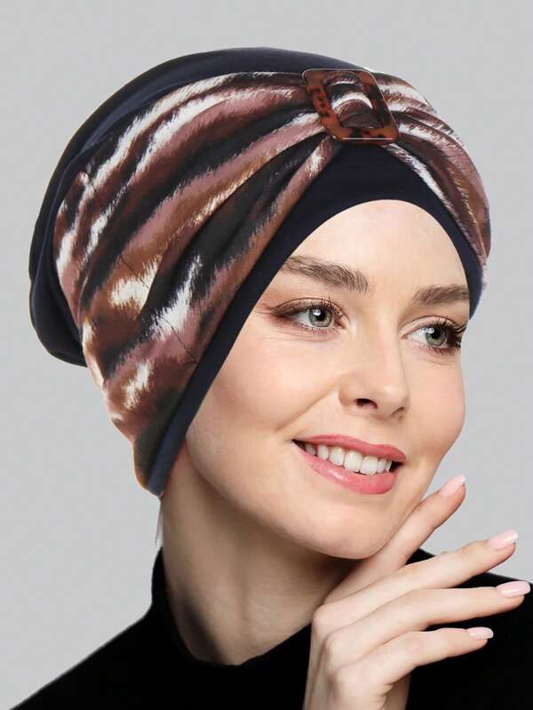 Wide Edge Polyester Printed Round Button Headscarf Cap With Elastic Printing Headband Cover, Floral Women's Headscarf Cap