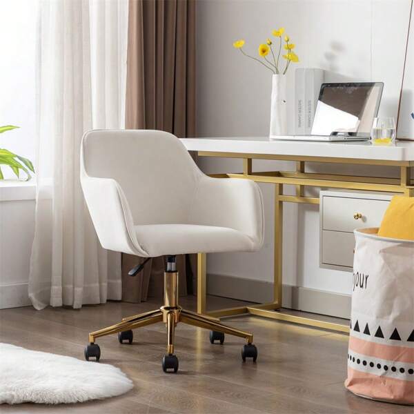 Sairedel Eleganter höhenverstellbarer Bürodrehstuhl - Elfenbeinfarbener Samt mit goldfarbenen Beinen - Modernes Design fürs Homeoffice