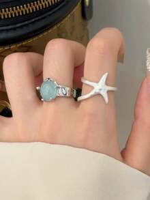 Set de 2 anillos ajustables con diseño minimalista de ola y estrella de mar, para mujeres, de uso fashionable y versátil para verano, viajes y uso diario - Juego de anillos - Ver 8