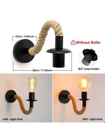 1pc Vintage Hemp Rope Wand Lamp Industrial Wooden E27 Base, Indoor Loft, Outdoor Corridor Bedside ation Bulb Not Included, Easy To Install, Rustic Hard Wired 110 240V, No Battery Required, Durable view 2