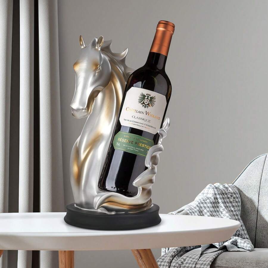 Bazargame Bottle Holder Horse Statue Resin Wine Storage Display Rack 17 * 30cm Wine Rack Spray Painting Modern Display Shelf Single Bottle Rack For Countertop Classic Gift Display Decor Horse - Silver - View 1