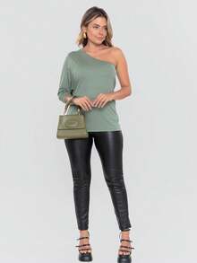 Blusa Ombro Único Feminina Básica Elegante Premium - Verde Claro - Visão 4