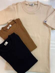 Kit Of 3 Basic Women's Ribbed Ribbed Cotton Knit Blouses, Short Sleeve, Versatile, Assorted Colors - 彩色 - 查看 4