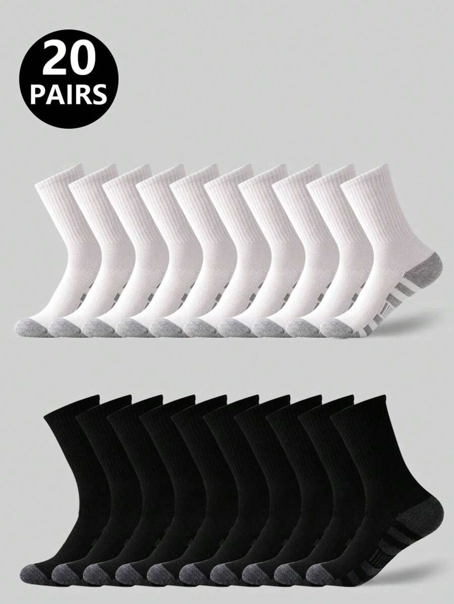 5/10/20 Pairs Men's Black & White Outdoor Sports Mid-Calf Socks, Daily Fitness Casual Socks, Running Socks, Sports Socks, Spring/Summer/Autumn/Winter, Fall