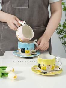 1 Set Creative Cute Cat Tail Handle Handpainted Cat Ceramic Coffee Cup & Saucer - Multicolor - View 7