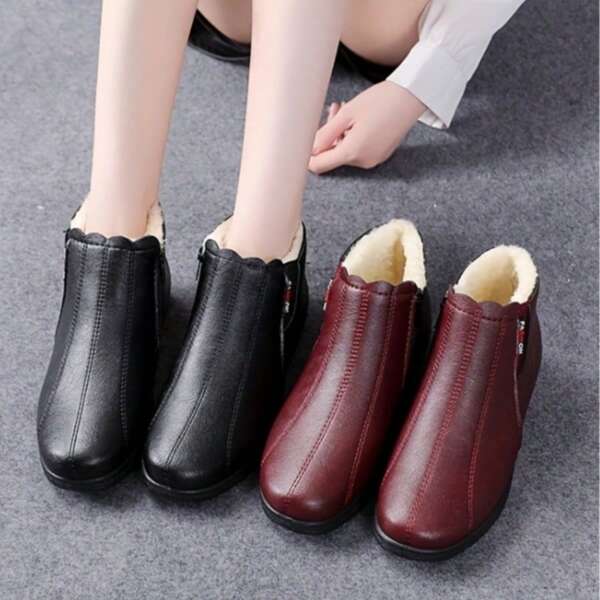 Women'S Plus Size Winter Boots - Black Faux, Warm Lined, Non-Slip Rubber Sole, Flat Heel, Zipper Closure, Comfortable Short Boots For Cold Weather, Winter Footwear|Round Toe Boots|Faux Boots