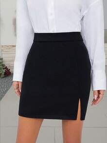 2025 新款春夏女士优雅高腰修身开衩迷你裙，简约日常穿着