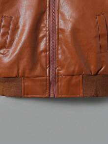 青少年男孩时尚棕色皮夹克 - 棕色 - 查看 7