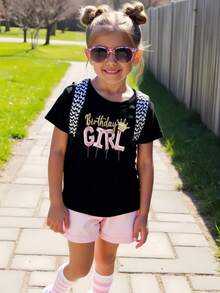 Birthday Girl Print Summer Graphic T-Shirts For Outdoor Sports And Daily Wearing, Young Girls T-Shirts Ideal Gift For Birthday, Size From 3-13Y - Black - View 1