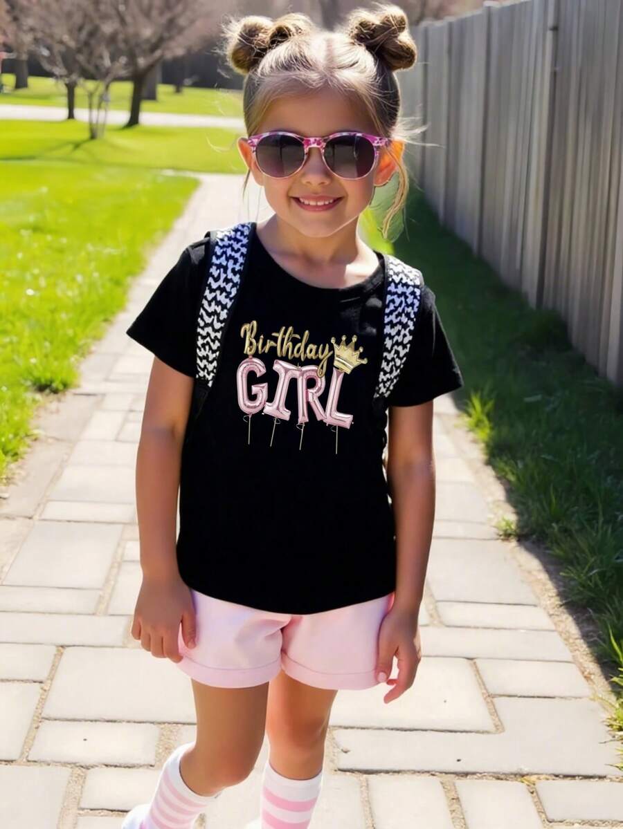 Birthday Girl Print Summer Graphic T-Shirts For Outdoor Sports And Daily Wearing, Young Girls T-Shirts Ideal Gift For Birthday, Size From 3-13Y - Black - View 1