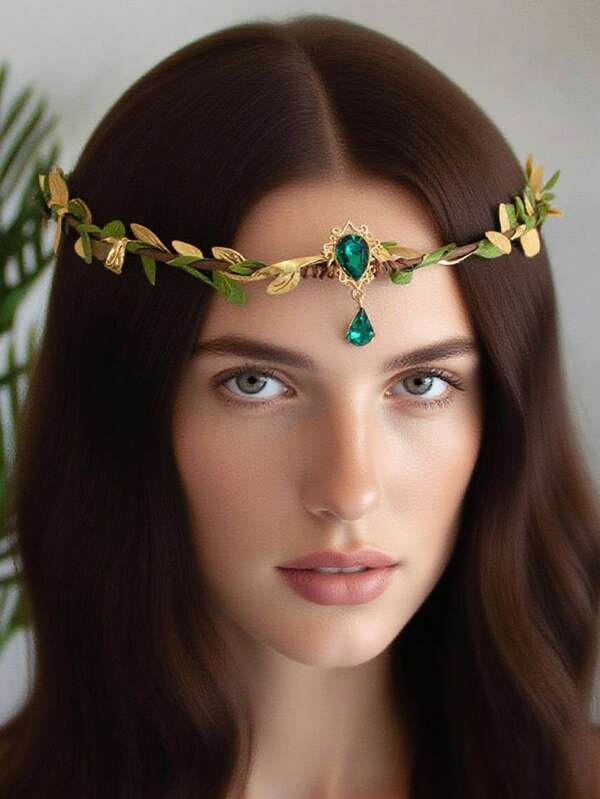 1 pezzo Tiara da elfo fatato per donne, accessorio per capelli con cristalli e foglie, decorazione per fronte per festival, carnevale, Ognissanti