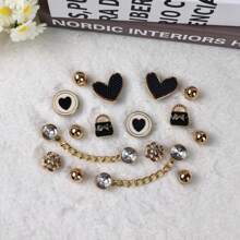 16pcs Shiny Heart, Bag, Golden Chain Fashion Decorative Charms, Non-Metallic Lightweight Material, Suitable For EVA Beach Shoes, Slippers, Detachable Shoe Decor, Girls Accessories, Holiday Gift