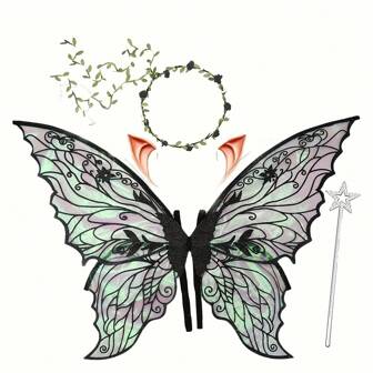 Alas de hada para adultos y niñas, conjunto de disfraz de hada con guirnalda floral, purpurina para el cabello, varita y orejas de elfo - Alas de mariposa de organza de 29"X21" - Ideal para cosplay, fiesta de Halloween