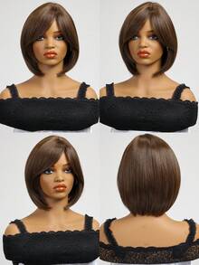 浅棕色 12 英寸直发假发（带刘海） - 适合日常佩戴、派对和角色扮演 - 女士合成纤维假发 - 时尚且易于在音乐节上佩戴 - Dark Brown - 查看 6