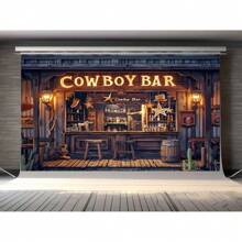 Vintage Western Bar Background Banner Homer Themed Party Decoration, Including Wooden Bar, Wheel Bucket, And Stool - The Perfect Choice For Autumn And Winter Events