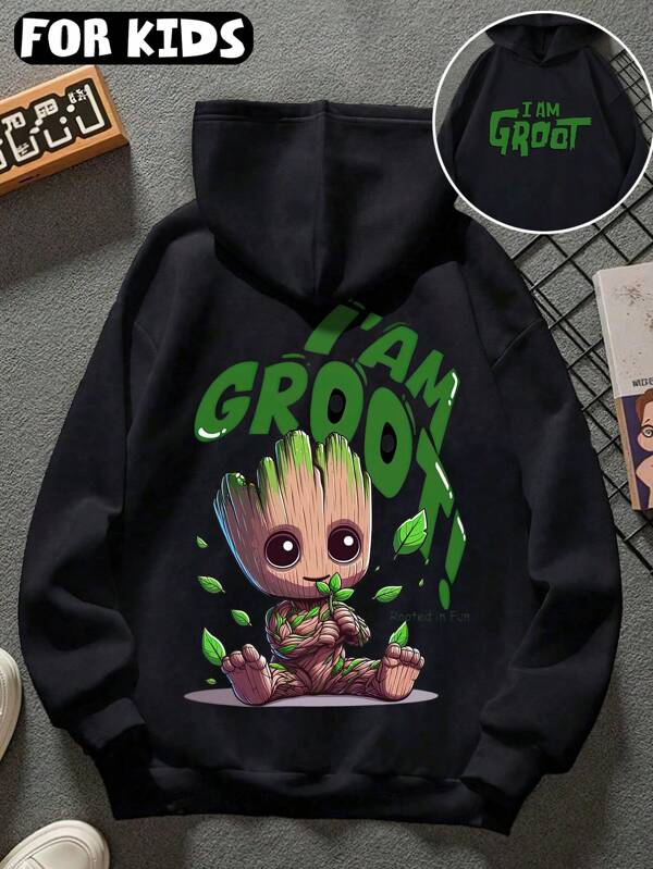 Marvel sweat-shirt à capuche d'automne pour adolescent, sweat-shirt à capuche à manches longues avec slogan "I'am Groot" de Marvel, coupe ample, épaules tombantes, noir, tissu fin, convient pour le début de l'automne