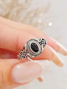 1pc Hollow Floral Pattern Ring With Oval Black Natural Stone Inlay, Fashionable Copper Material Ring Suitable For Women's Daily Wear And Parties, Anniversary Gift - 復古銀色 - 查看 8