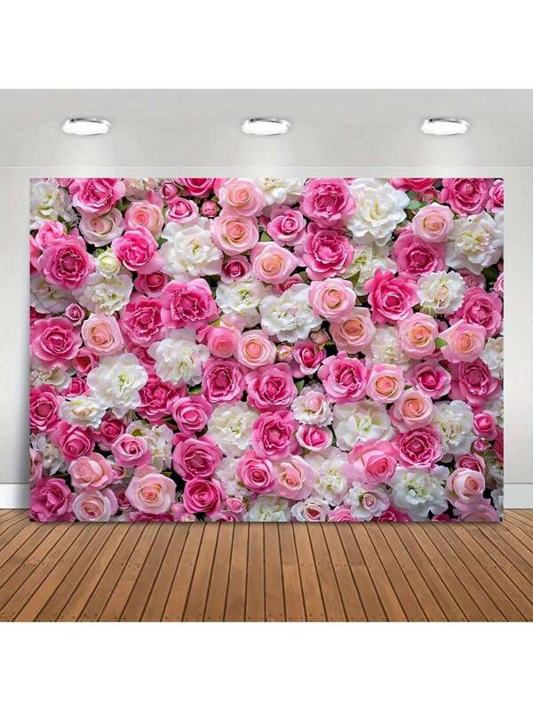 1 pièce Bannière murale florale, toile de fond de photographie en polyester - Portrait de roses roses et blanches du printemps, convient pour le mariage, la douche de mariée, décor de studio photo polyvalent - Aucune électricité requise