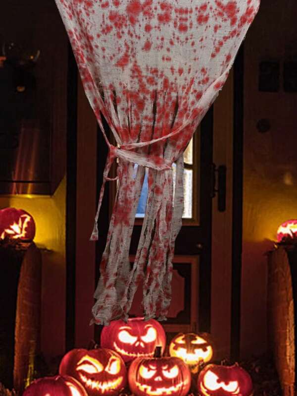 1pc Halloween Decoration Curtain Gauze, Horror Atmosphere Prop, Bloody Handprint Window Curtain Door Curtain Gauze Prop, Cuttable Bloody Gauze With Bloody Cloth Strips, Realistic Bloodstained Cloth, Horror Scene Decoration Warning Tape Home Decor Room Decor