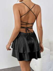 1 chiếc váy xếp ly buộc dây hở lưng gợi cảm, thích hợp mặc ở quán bar, tiệc tùng, ở nhà, sản phẩm phổ biến xuyên biên giới theo phong cách Châu Âu và Châu Mỹ thanh lịch - màu đen - Xem 8