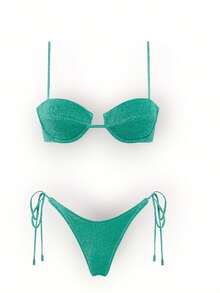 Nuevo bikini verde brillante con lados sexy, bikini triángulo de cintura baja con pedrería, estilo hawaiano con tirantes ajustables, bikini vibrante - Verde esmeralda - Ver 6
