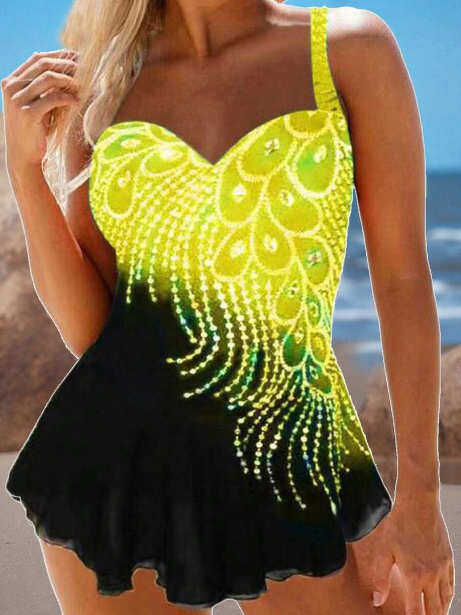 Women Plus Size One-Piece Swimsuit With Rhinestones Contrast Color Swimwear,Sizes S-6XL - Yellow - View 1
