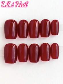 10片手工亚克力美甲贴纸，美甲用品，短方形，酒红色纯色，价格实惠，返校必备，包含美甲工具、贴纸、美甲套装，适合女性和女孩的指甲 - 彩色 - 查看 14