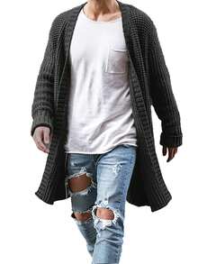 Men's Casual Loose Solid Color V-Neck Long Sleeve Ribbed Knit Cardigan Sweater, Versatile Outerwear For Autumn/Winter