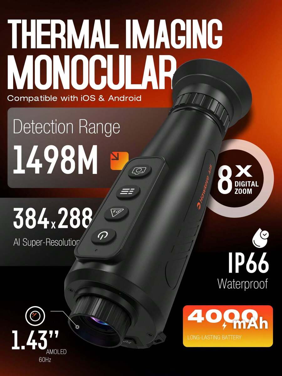 The AI-Enhanced Thermal Monocular Delivers Groundbreaking Performance With 1.5km Human Detection Range And 8x Magnification, Powered By A 384*288 AI Super Resolution Sensor Coupled With Dual Optical Systems - An 18mm Objective Lens And 15mm F/0.9 Ultra-Sensitive Lens For Unparalleled Light Capture. Its 1.43-Inch AMOLED High-Definition Display Presents Crystal-Clear Thermal Imaging, While Rugged IP66-Rated Construction Ensures Reliability In Harsh Environments. Featuring Versatile Type-C, HD OUT 2.1, And CVBS Multi-Interfaces, The Device Boasts 10-Hour Continuous Operation And 32GB Internal Storage For 512*384 Resolution Photo/Video Recording. This Professional-Grade Tool Is Engineered For Demanding Applications Including Precision Hunting, Firefighting Operations, Wildlife Tracking, Night Vision Surveillance, And Industrial Inspection, Includes User Manual, EVA Bag, Flannel Bag, Lens Cleaning Cloth, Hand Strap, USB Data Cable - màu đen - Xem 1